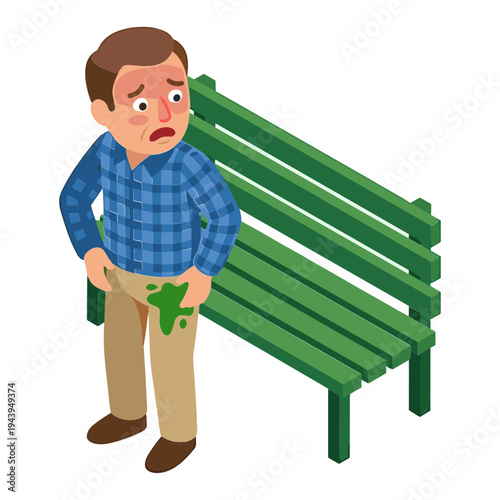 Man experiencing discomfort while sitting on a green bench outdoors suddenly