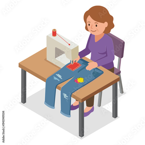 Woman sitting at a table sewing colorful fabric on a machine
