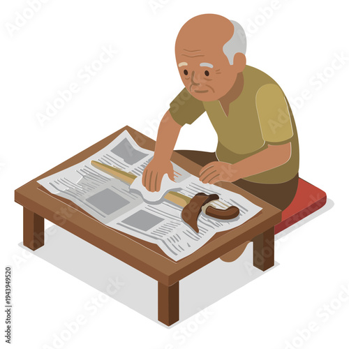 An elderly man sits on a red cushion reading newspaper at wooden table