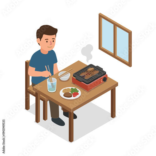 Man eating at table with meal and electric grill indoors