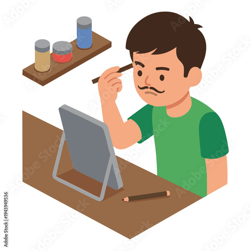 A man painting on an easel with brushes and paints on a table indoors