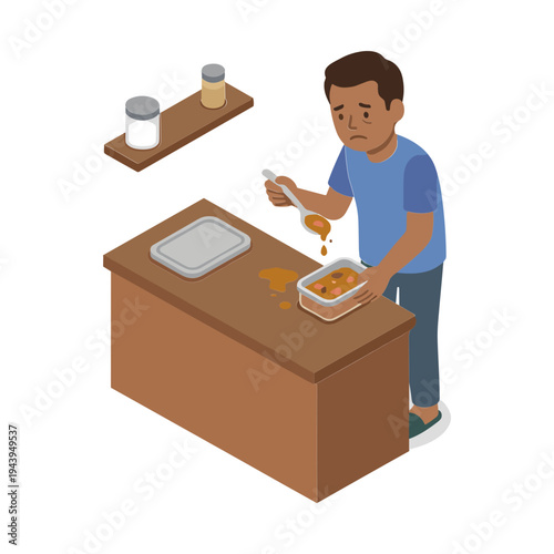Man pouring food from spoon onto plate on kitchen counter indoors