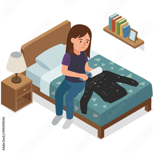 Woman sitting on bed reading book with clothes laid out beside her
