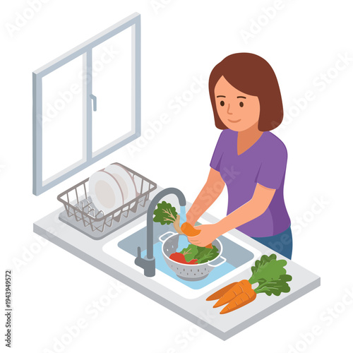 Woman washing vegetables and dishes at kitchen sink by window
