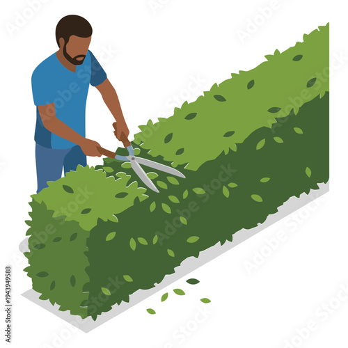 Man trimming a large green hedge with scissors outdoors
