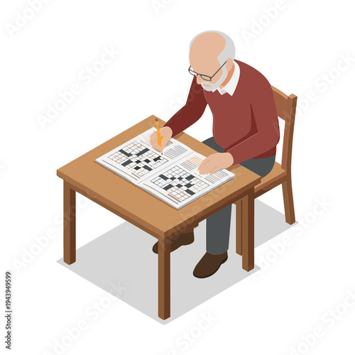 An elderly man sitting at a wooden table indoors solving a crossword puzzle on paper with a pencil.