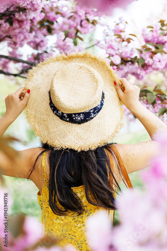 Foto A high-angle, rear-view photograph of a woman wearing a wide-brimmed straw hat and a yellow floral dress, looking into a vibrant canopy of pink cherry blossoms