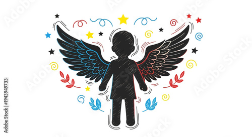 Black silhouette of a winged child.