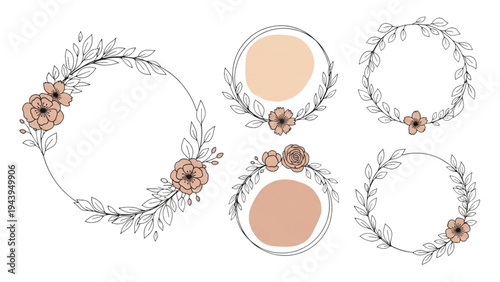 Floral wreaths surround blank makeup compacts on a white background