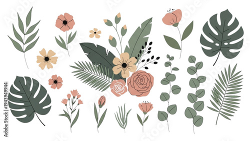 Floral arrangement with various flowers and leaves on a white background