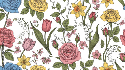 The image showcases a vibrant floral arrangement featuring roses, daffodils, and other flowers in full bloom.