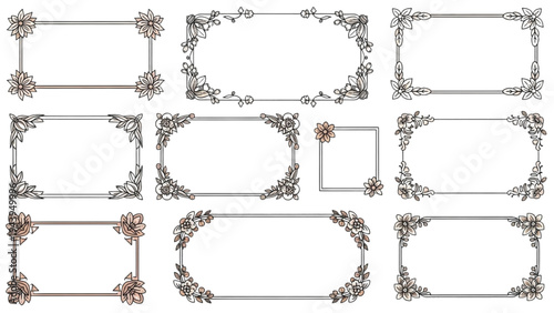 Various ornate empty frames with floral designs are arranged on a white background for graphic design.