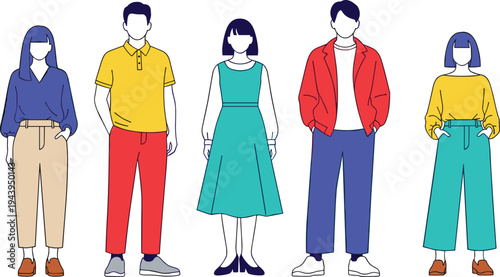 Modern diverse young people in colorful casual outfits, vector fashion illustration, blazers, polos, dresses, wide pants, trendy streetwear style group collection