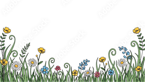 Vibrant colorful flowers and green grass grow in a beautiful natural landscape outdoor scene.