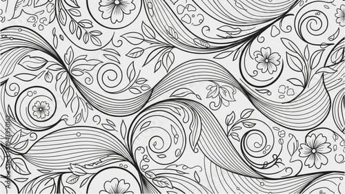 Black and white illustration of swirling floral patterns and feathers