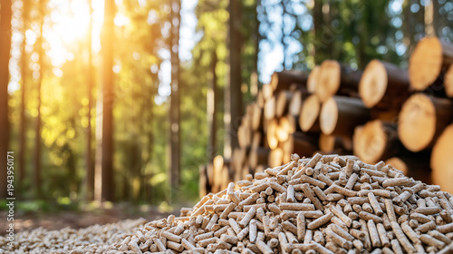 Wood pellets representing renewable energy with stacked timber logs in a forest background, responsible forestry