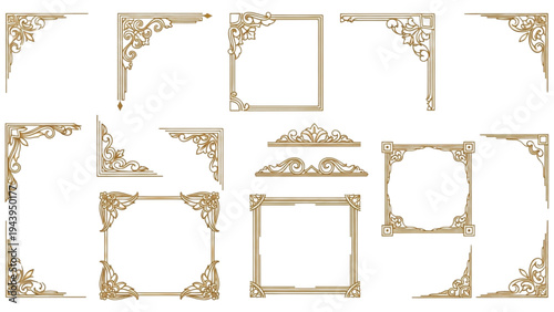 Ornate gold frames on white background for decorative purposes