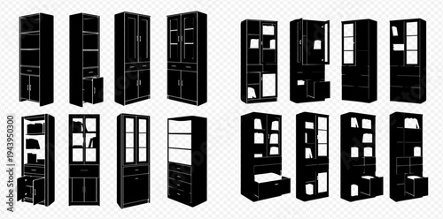 Set of various black silhouettes of furniture, including cabinets, cupboards, and shelves, isolated on a transparent background.