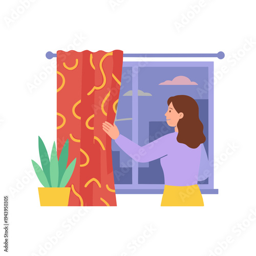 Woman opens red curtain to reveal cityscape view at night from her room.