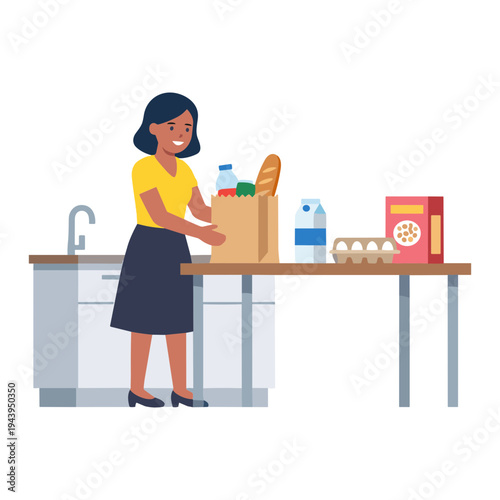 Woman packing groceries in a kitchen with food items on a table