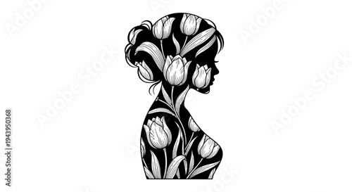 Woman head made of flowers profile.