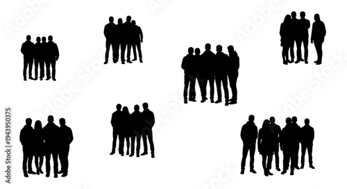 Silhouetted Groups of People Gathered Together in Various Formations.