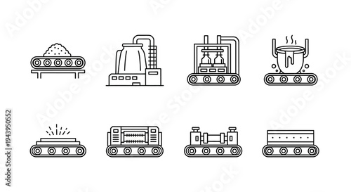 Industrial machines and factory equipment icons.