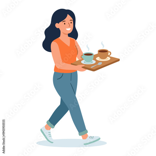 Woman walks while carrying a tray with steaming cups of coffee and saucers