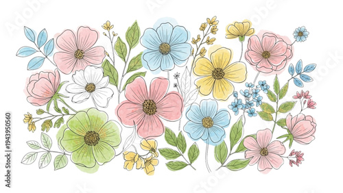 Vibrant flowers bloom in a colorful garden scene with green leaves and stems.