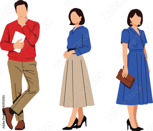 Modern smart casual professionals with red sweater, blue wrap top, beige midi skirt, blue dress, vector fashion illustration, elegant office style group