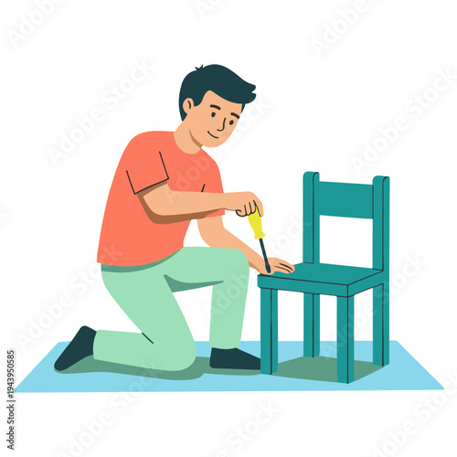 A man kneeling down to repair a chair with a screwdriver in his hands.