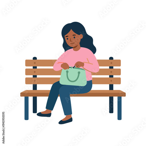 A woman sits on a bench holding a bag