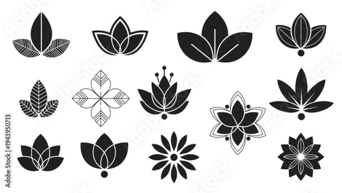 Black and white floral designs featuring various lotus flowers and leaves on a plain background
