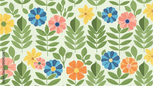 Vibrant flowers and leaves pattern on a natural background texture