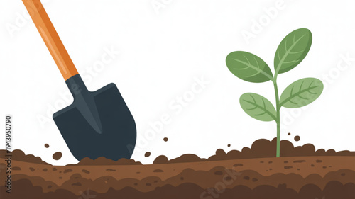 Gardening shovel planting green seedling in brown soil with white background