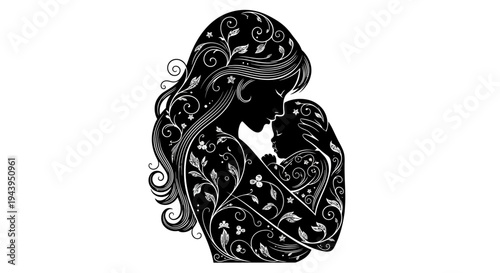 Black silhouette of mother and child.