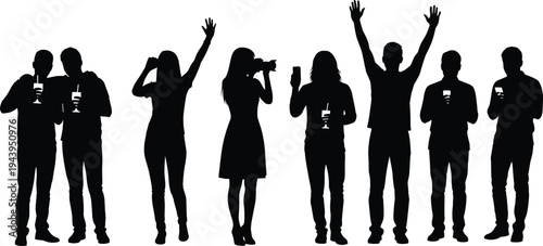Party people silhouettes group of friends celebrating drinking toasting photographing cheering raising hands black vector illustration isolated on white background