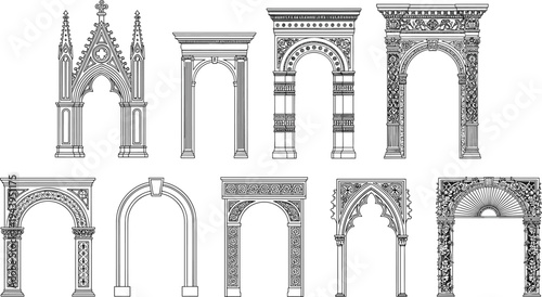 Classic decorative arch collection, vintage architectural doorway frames, gothic and roman arch set, ornamental historic entrance line art