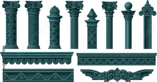 classical, columns, ornament, architecture, decorative, capital, pillar, vintage, antique, baroque, design, molding, pattern, facade, structure, illustration, vector, collection, classic, set