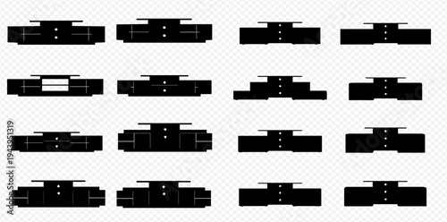 Set of black silhouette TV stand icons, media console furniture with drawers and shelves for modern home interior design.