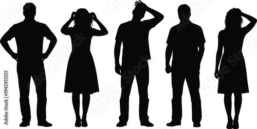 People silhouette vector illustration, group of men and women with confused poses, hand on head, thinking gesture, puzzled expression, black standing figures, problem solving concept.