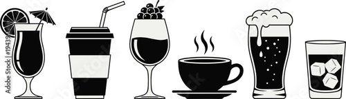 drink icons, beverage, cocktail, coffee, beer, wine, whiskey, glass, cafe, bar, refreshment, silhouette, icon, set, illustration, drinkware, menu, symbol, collection, design
