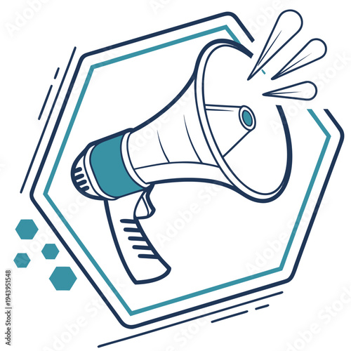 Teal Megaphone Announcement within Hexagon Frame

