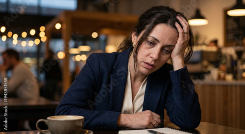 Exhausted and stressed middle-aged businesswoman sitting in a cafe with a cup of coffee, feeling burnt out and overwhelmed by work pressure