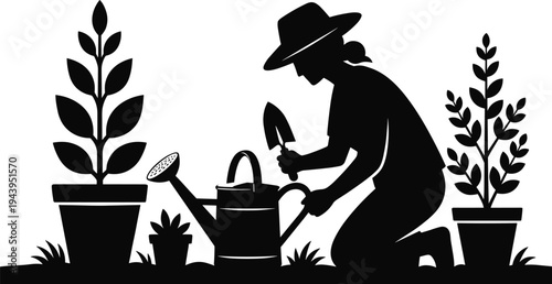 Detailed Black Silhouette of a Woman Gardening and Planting Flowers in a Backyard Garden with a Watering Can for Horticulture Landscape and Green Living Design