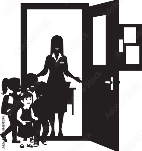 Teacher welcoming children at school door silhouette vector illustration for new term day