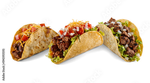 Cuadro en lienzo three authentic beef tacos with fresh toppings of lettuce, diced tomatoes, onions, and cheese on a white background