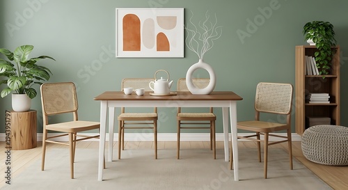 Modern dining room with wooden table and chairs, beige decor, green wall
