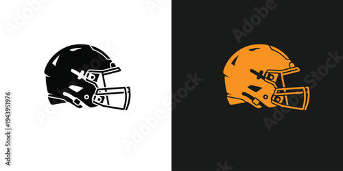 Illustration of two football helmets one black and one orange and black backgrounds respectively in profile view side by side