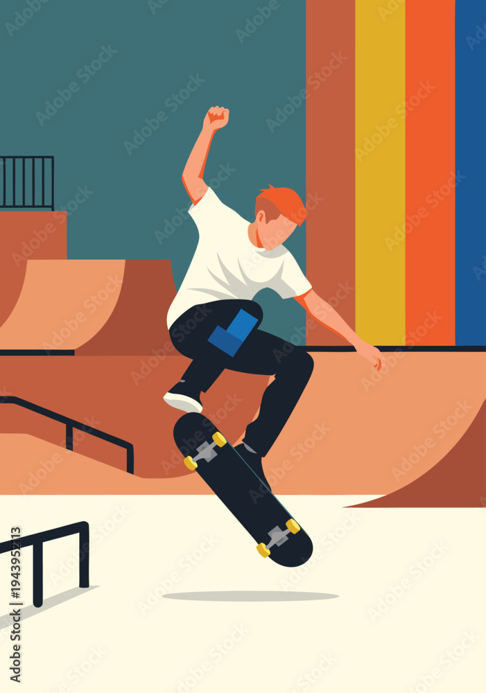 Obraz premium Dynamic vector illustration of a young man performing a skateboarding trick at a skate park, capturing the energy of extreme sports and urban culture